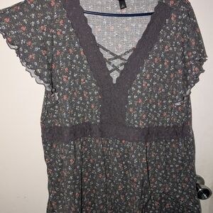 Torrid Gray Floral Blouse with Lace Detail